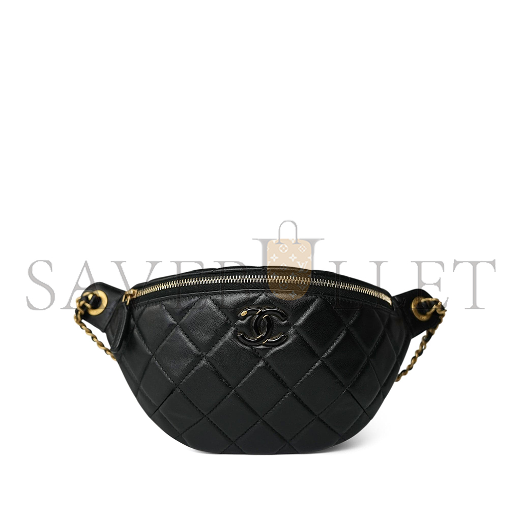 CHANEL 24A BLACK LAMBSKIN QUILTED WAIST BAG BUMBAG ENAMEL CC CHAIN AGED GOLD HARDWARE AS4113 (27*13cm)